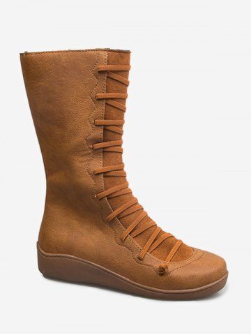 Crisscross Leather Low Heel Mid Calf Boots