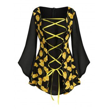 

Lace Up Floral Back Zipper Plus Size Blouse, Black
