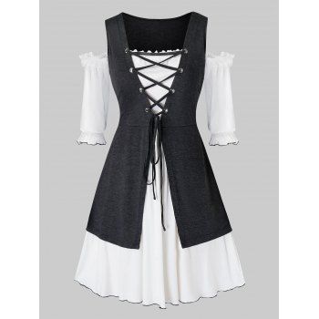 

Plus Size Cold Shoulder Lace Up Colorblock T-Shirt, Black