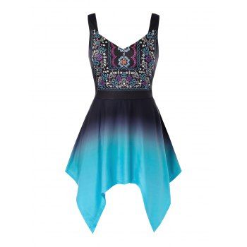

Plus Size Ethnic Print Ombre Asymmetrical Handkerchief Tank Top, Multicolor