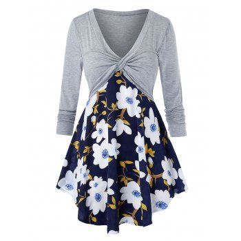 

Plus Size Twisted Flower Print Long Sleeve Tee, Gray cloud