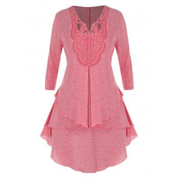 

Plus Size Hollow Out Lace Tiered Tunic Top, Light pink