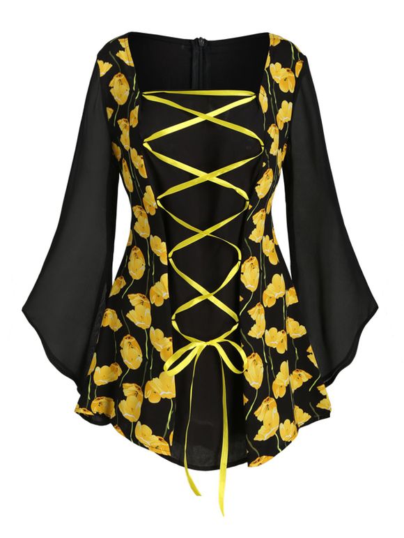 Blouse Zippée au Dos Fleurie de Grande Taille à Lacets - Noir 1X