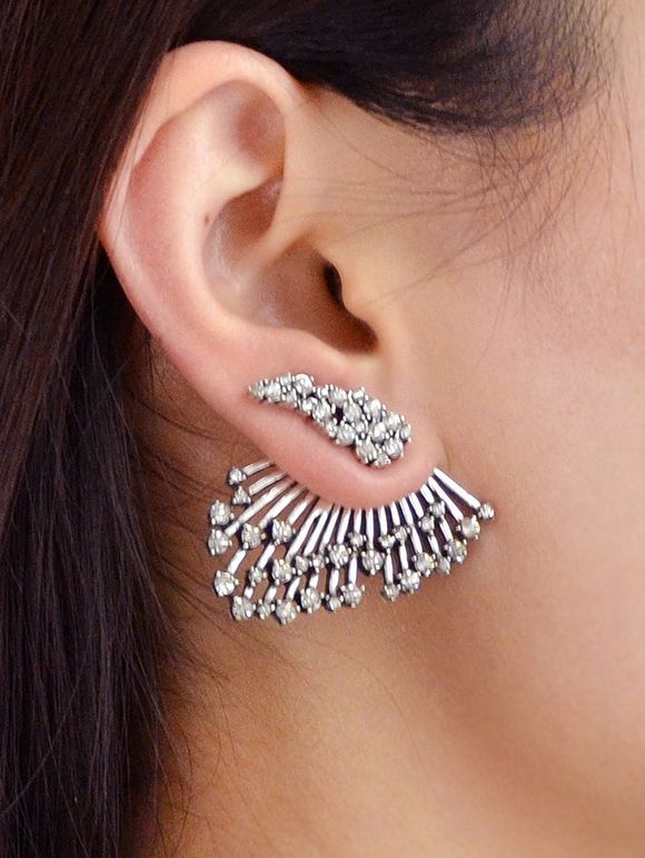 Boucles d'Oreilles Plume avec Strass Une-Pièce - Argent 