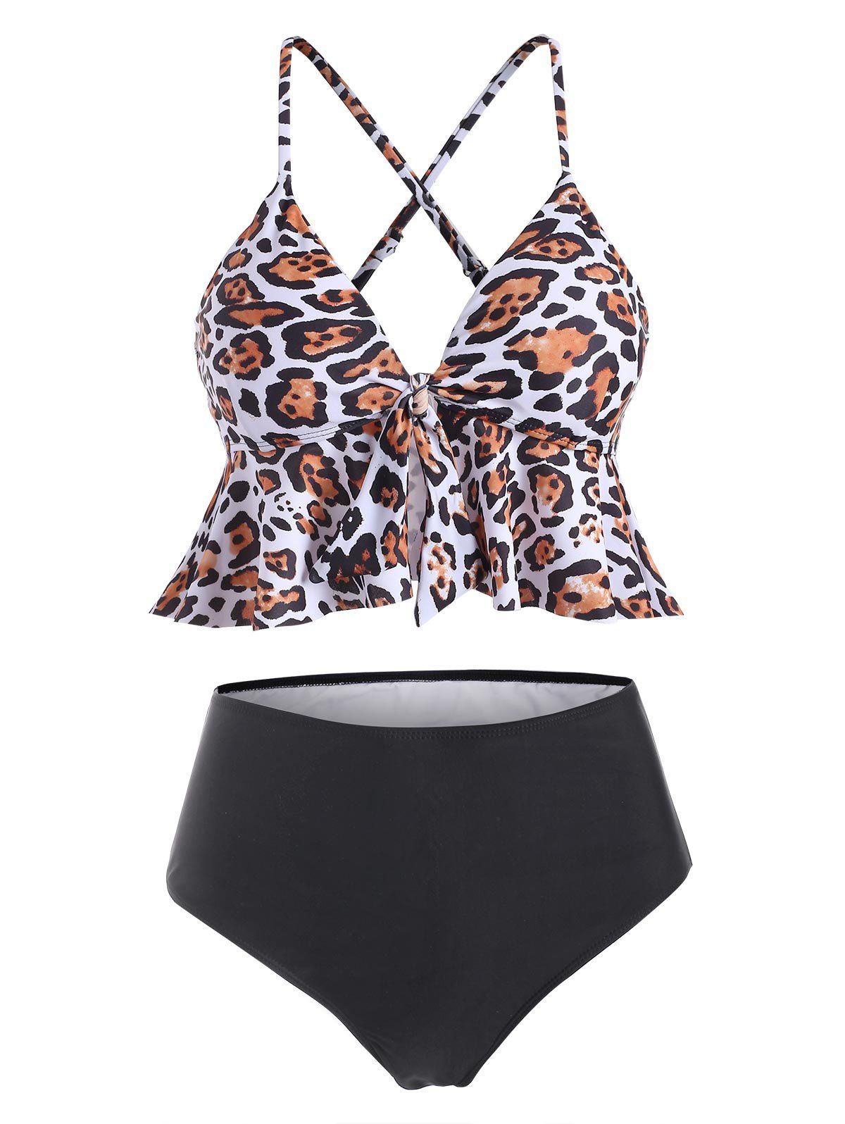 Leopard Knotted Criss Cross Flounce Bikini Swimsuit - LEOPARD S