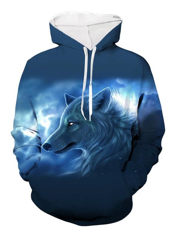 Sweat à Capuche Loup Imprimé avec Poche - Bleu profond XL