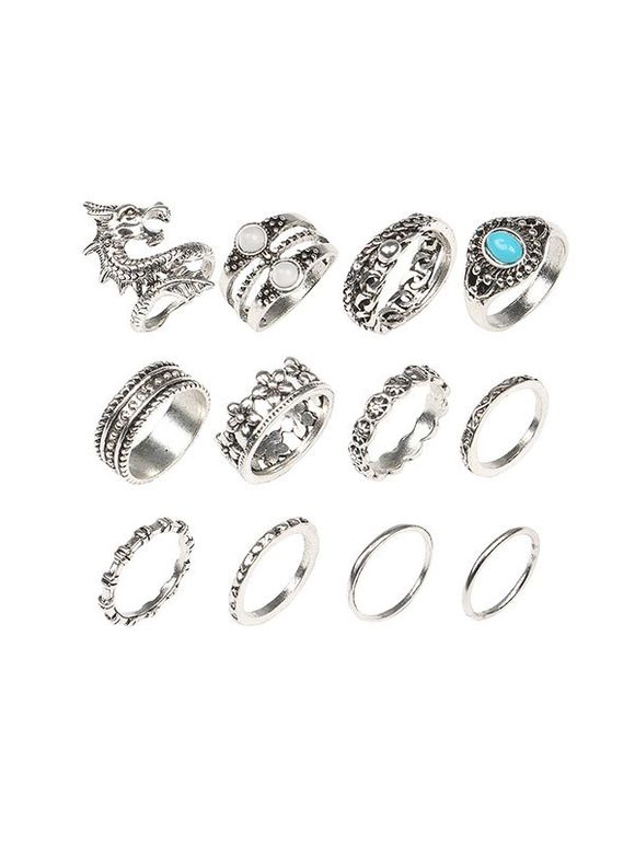 12 Piece Dragon Floral Faux Turquoise Finger Rings Set - SILVER 