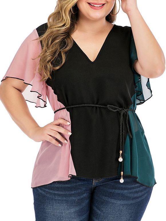 Blouse Contrastante en Mousseline Grande Taille - Noir 3X