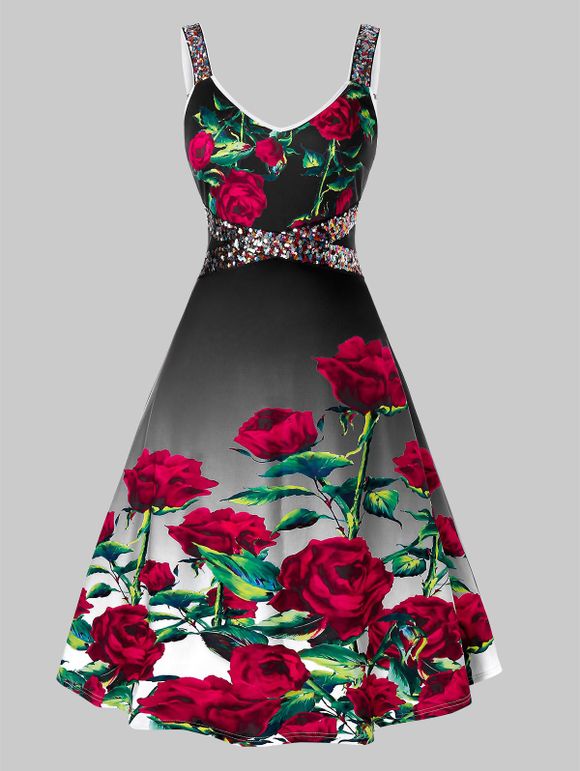 Plus Size A Line Rose Print Dress - BLACK 5X