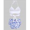 Maillot de Bain Bikini Croisé Ananas Fleur et Oiseau à Col Halter - Blanc M