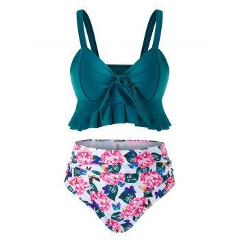 

Plus Size Flounced Front Tie Floral Print Tankini Swimsuit, Dark green