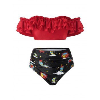 

Plus Size Off The Shoulder Ruffled Sun Moon Print Bikini Swimsuit, Red