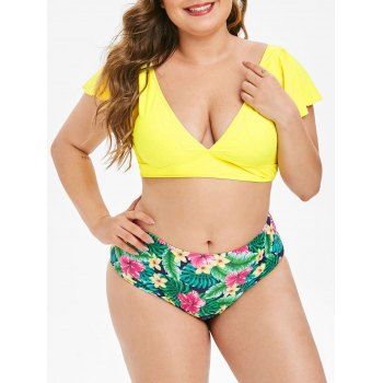 

Plus Size Flutter Sleeve Plunging Neck Tropical Bikini Swimsuit, Yellow