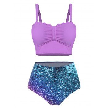 Women Tummy Control Swimsuit Printed Scalloped High Rise Tankini Swimwear Swimsuit L Tyrian purple
