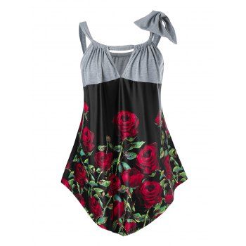 

Plus Size Bowknot Rose Print Keyhole Tank Top, Gray