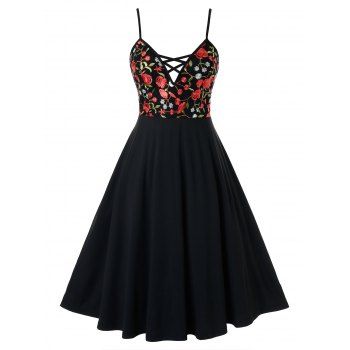 

Plus Size Floral Embroidered Cami A Line Dress, Black