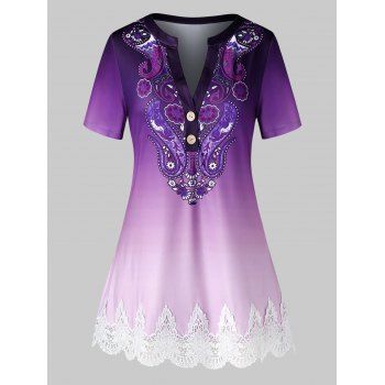 

Plus Size Ombre Paisley Print Guipure Lace Short Sleeve Tee, Multicolor