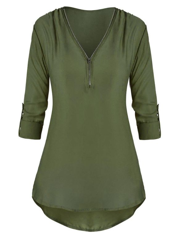 Tab Zip avant manches Haut Bas Plus Size Blouse - Vert Armée L