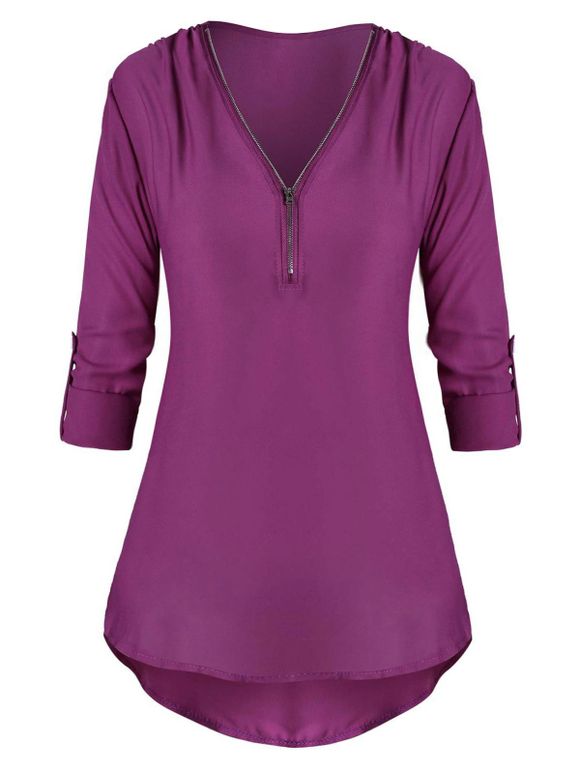 Tab Zip avant manches Haut Bas Plus Size Blouse - Orchidée Foncée L