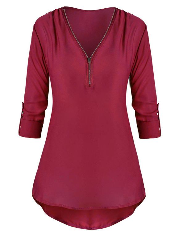 Tab Zip avant manches Haut Bas Plus Size Blouse - Rouge Vineux 4X