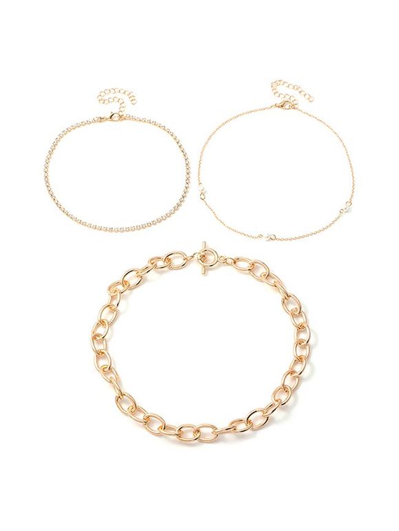 Ensemble de Collier à Chaîne avec Fausse Perle avec Strass 3 Pièces - Or 