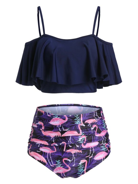 Maillot de Bain Rembourré Matelassé Flamant Imprimé à Volants - Cadetblue XL