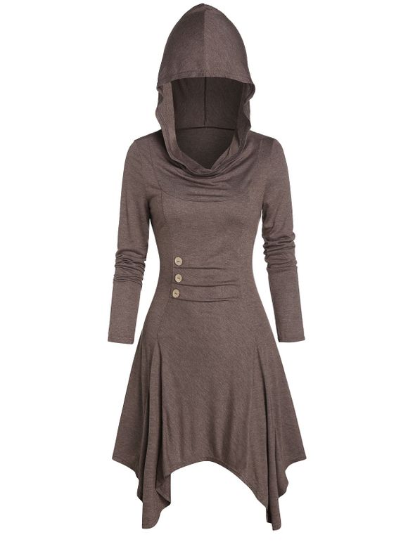 Hooded Button Ruched Handkerchief Dress - COFFEE 3XL