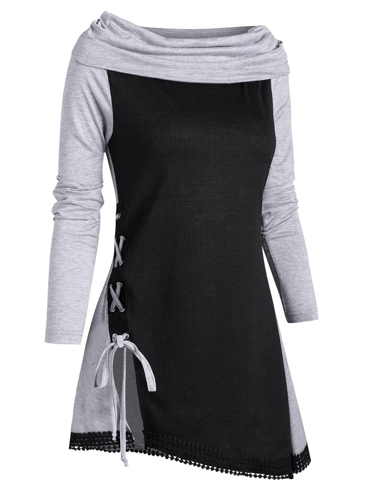 Foldover Off Shoulder Lace Up Colorblock Knitwear - BLACK M