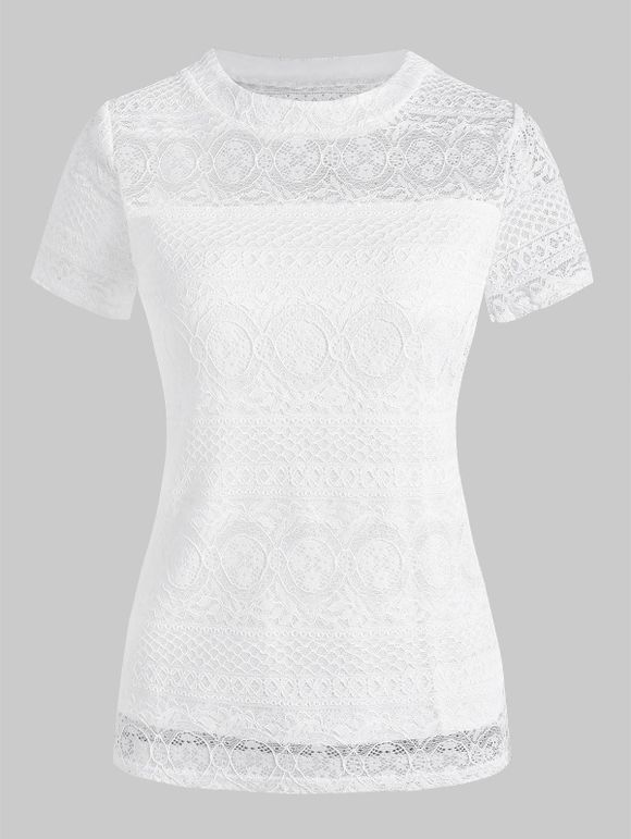 T-shirt en Dentelle Transparente à Manches Courtes - Blanc XL