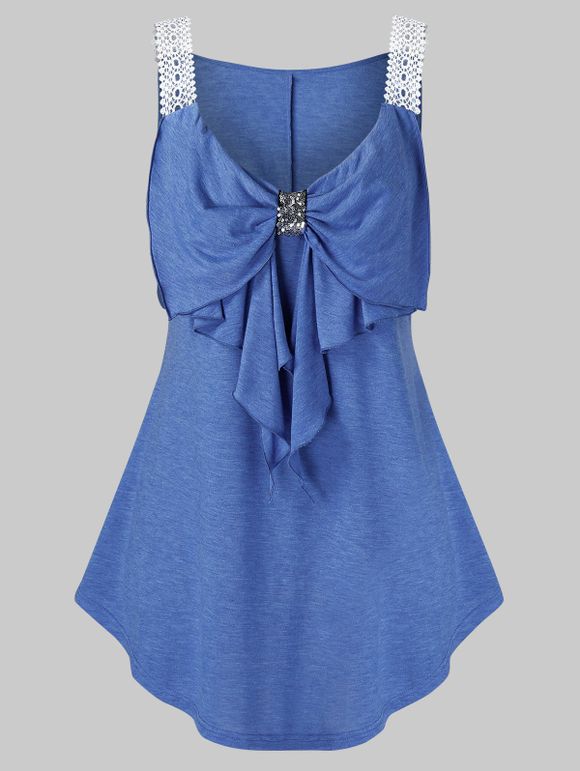 Débardeur Guipure à Bretelle de Grande Taille avec Nœud Papillon à Paillettes - Bleu Ciel 5X