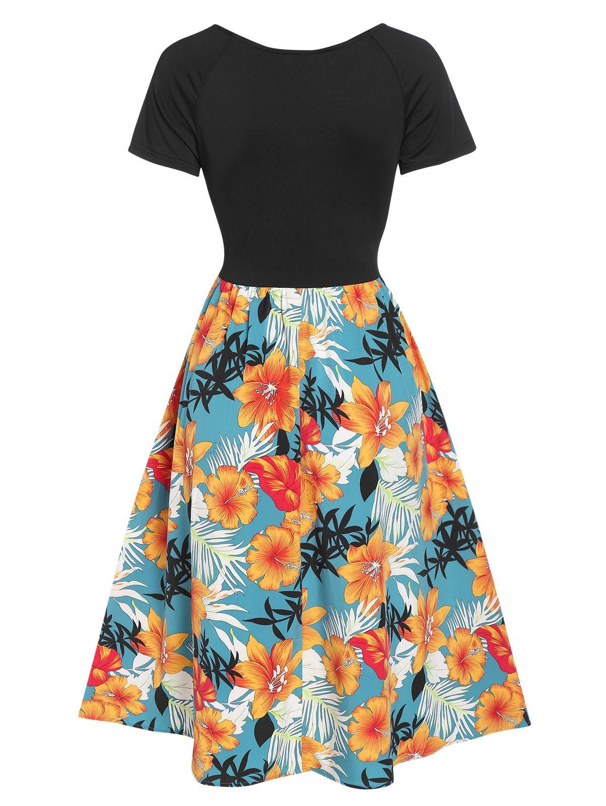 Robe Evasée Nouée Fleur Imprimée à Manches Raglan - Noir M