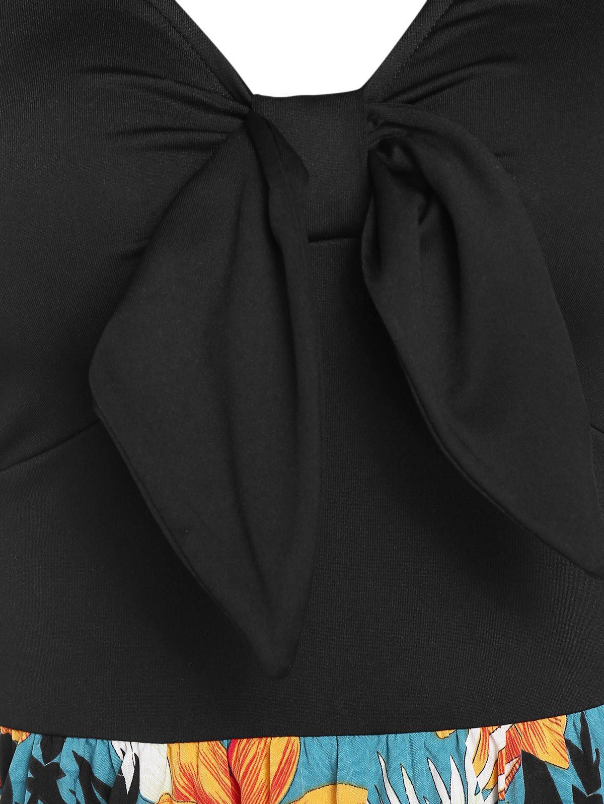 Robe Evasée Nouée Fleur Imprimée à Manches Raglan - Noir M