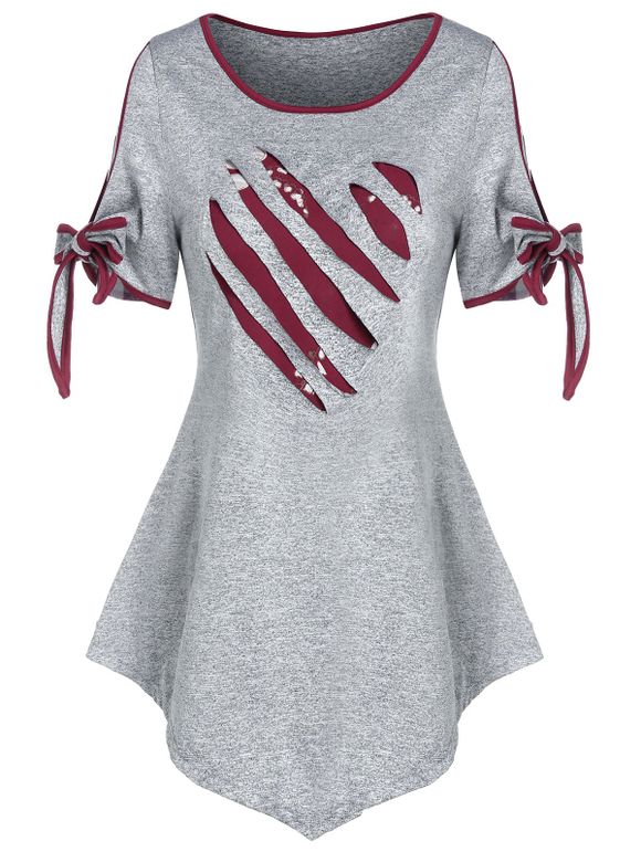 T-shirt Déchiré Motif de Cœur avec Nœud Papillon Saint-Valentin - Cendre gris M