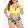 Maillot de Bain Bikini Tropical de Grande Taille Manches Bouffantes à Col Plongeant - Jaune 2X