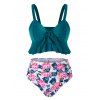 Maillot de Bain Tankini Fleuri Noué en Avant de Grande Taille à Volants - Vert Foncé 3X