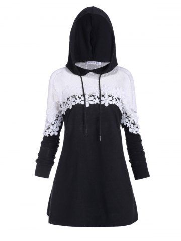 Plus Size Drawstring Contrast Lace Hoodie