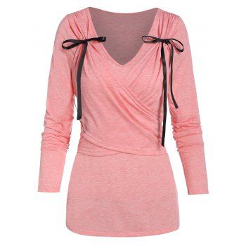 

V Neck Bowknot Detail Crossover T-shirt, Pink