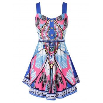 

Plus Size Butterfly Print Buttoned Backless Tunic Tank Top, Multicolor
