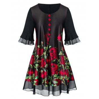 

Plus Size Rose Print Flare Sleeve Blouse, Black