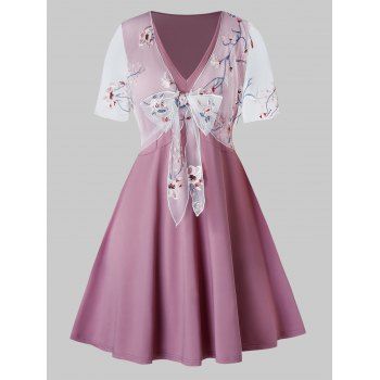 

Plus Size Mesh Flower Embroidered Bowknot Tunic Tee, Wisteria purple