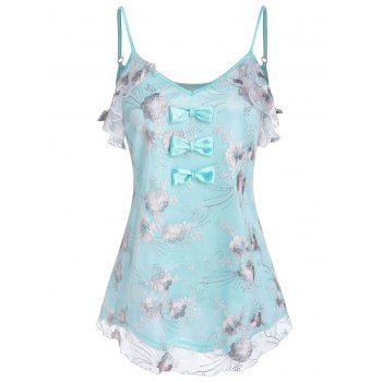 

Bowknot Detail Flower Embroidered Mesh Cami Top, Celeste