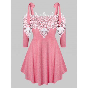 

Plus Size Tie Shoulder Guipure Lace Panel Open Shoulder Tee, Valentine red