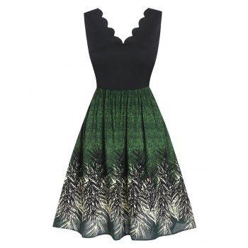 

Retro Vintage Print Dress Scalloped Contrast Fit and Flare High Waisted Tank Dress, Black