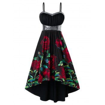

Plus Size Sequins Floral Print High Low Dress, Black