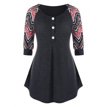 

Plus Size Raglan Sleeve Tribal Print Marled T Shirt, Gray
