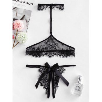 

Lace Sheer Choker Bowknot Lingerie Set, Black