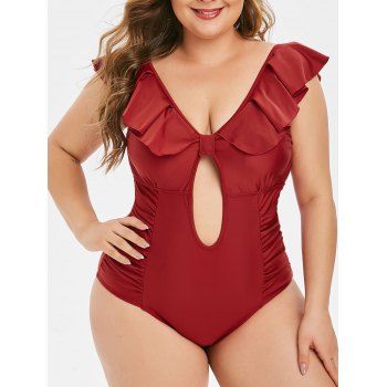 

Plus Size Ruched Flounce Backless One-piece Swimsuit, Red wine