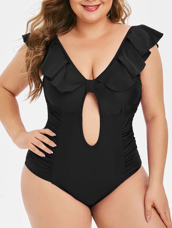 Plus Size Ruched Flounce Backless One-piece Swimsuit - BLACK 5X