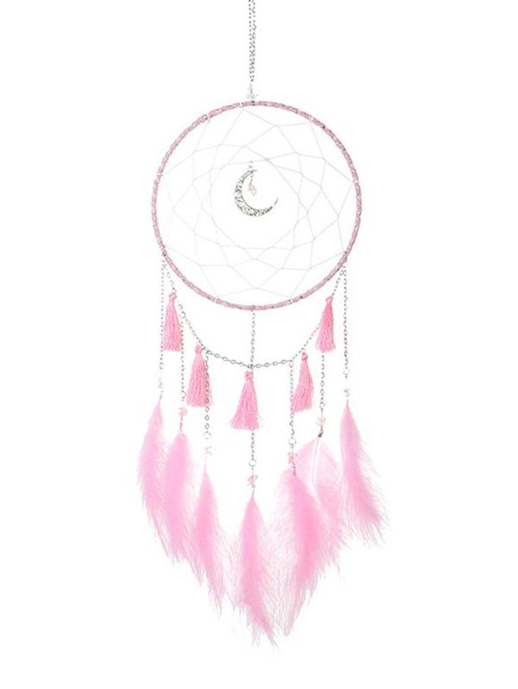 Attrape-Rêve Plume Croissant Lumières LED à Frange - Rose Cochon 