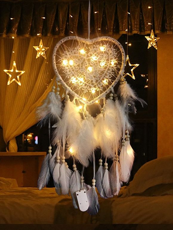 Lace Insert Feather LED Light Heart Dream Catcher - WHITE 